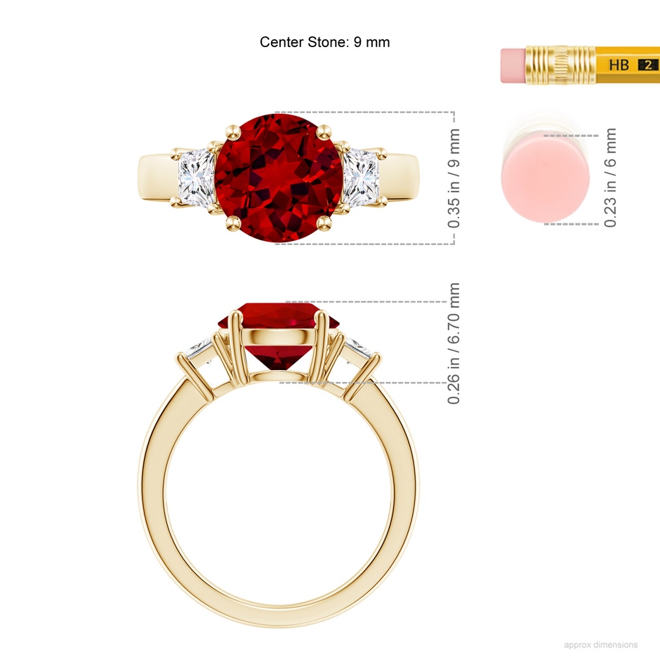 9mm Labgrown Classic Round Lab-Grown Ruby and Trapezoid Diamond Three Stone Engagement Ring in 18K Yellow Gold ruler