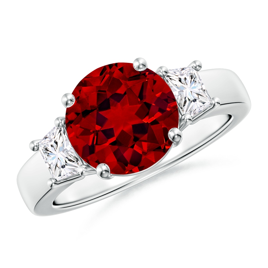 9mm Labgrown Classic Round Lab-Grown Ruby and Trapezoid Diamond Three Stone Engagement Ring in White Gold 