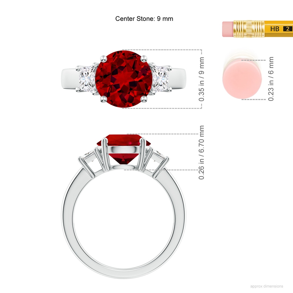 9mm Labgrown Classic Round Lab-Grown Ruby and Trapezoid Diamond Three Stone Engagement Ring in White Gold ruler