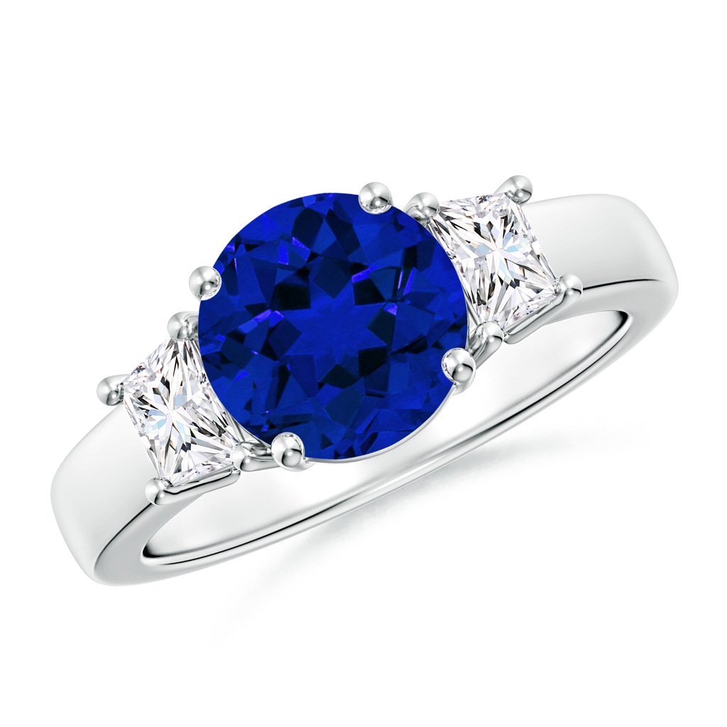 8mm Labgrown Classic Round Lab-Grown Blue Sapphire and Trapezoid Diamond Three Stone Engagement Ring in White Gold