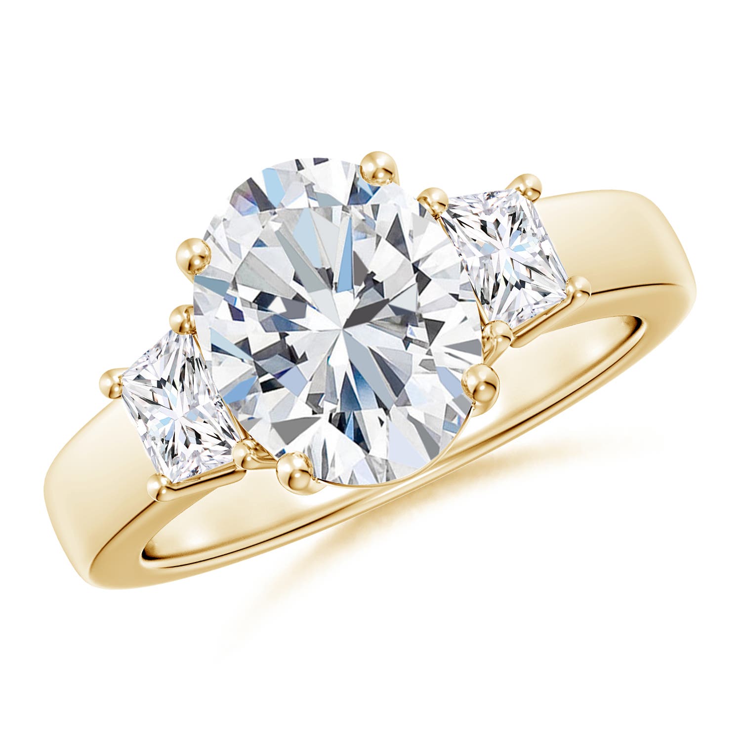 10x8mm FGVS Classic Oval and Trapezoid Lab-Grown Diamond Three Stone Engagement Ring in 18K Yellow Gold
