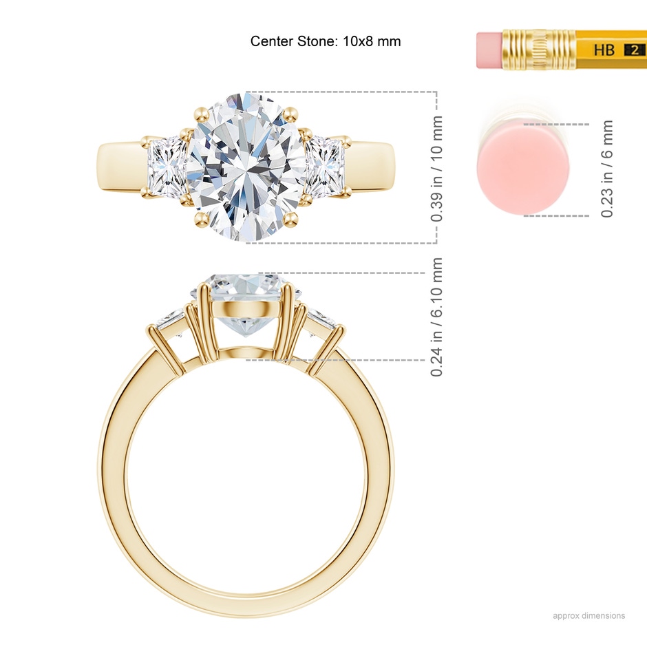 10x8mm FGVS Classic Oval and Trapezoid Lab-Grown Diamond Three Stone Engagement Ring in 18K Yellow Gold ruler