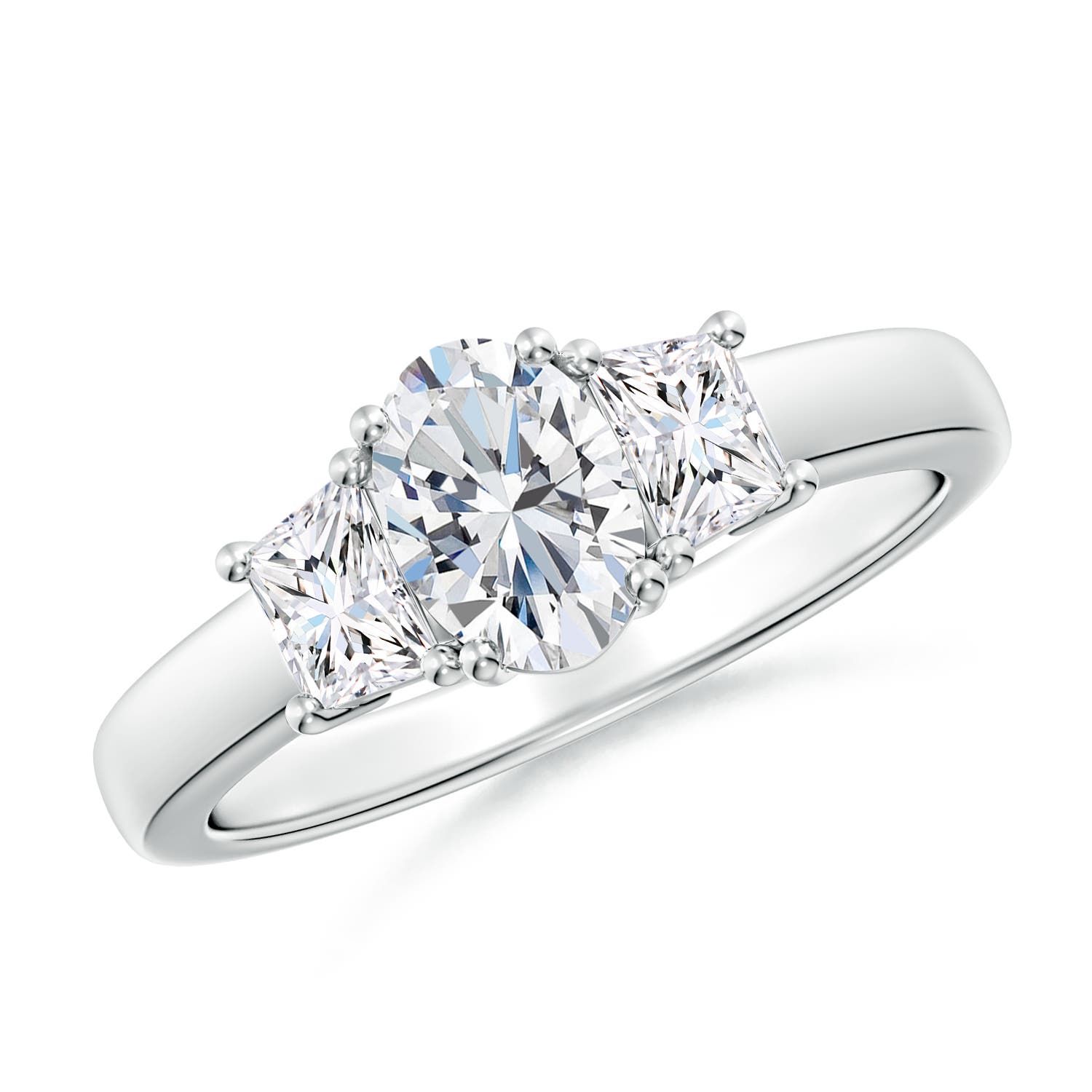 7x5mm FGVS Classic Oval and Trapezoid Lab-Grown Diamond Three Stone Engagement Ring in 18K White Gold