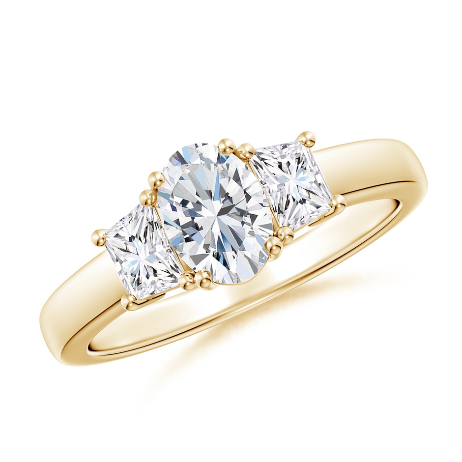 7x5mm FGVS Classic Oval and Trapezoid Lab-Grown Diamond Three Stone Engagement Ring in Yellow Gold 