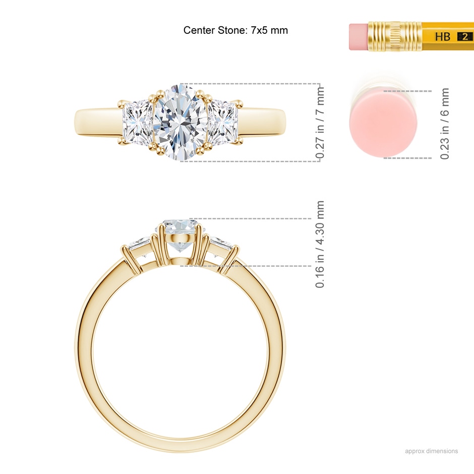 7x5mm FGVS Classic Oval and Trapezoid Lab-Grown Diamond Three Stone Engagement Ring in Yellow Gold ruler