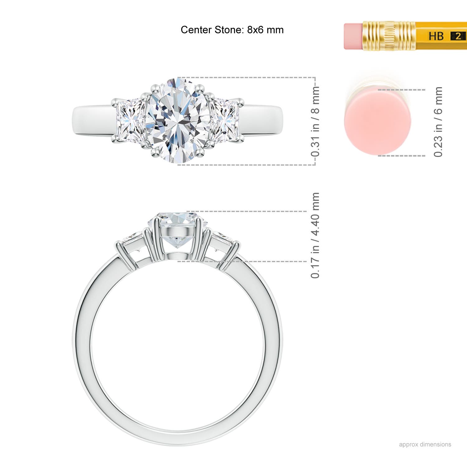 8x6mm FGVS Classic Oval and Trapezoid Lab-Grown Diamond Three Stone Engagement Ring in 18K White Gold - ruler