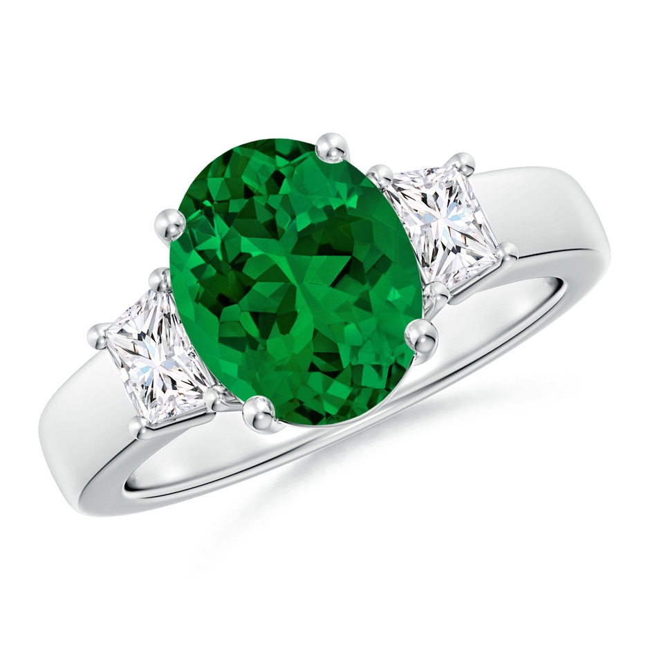 10x8mm Labgrown Classic Oval Lab-Grown Emerald and Trapezoid Diamond Three Stone Engagement Ring in White Gold 