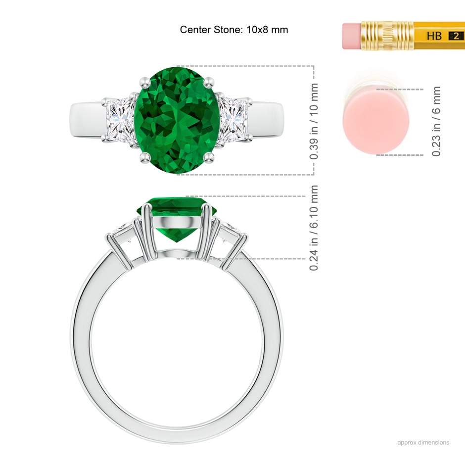10x8mm Labgrown Classic Oval Lab-Grown Emerald and Trapezoid Diamond Three Stone Engagement Ring in White Gold ruler