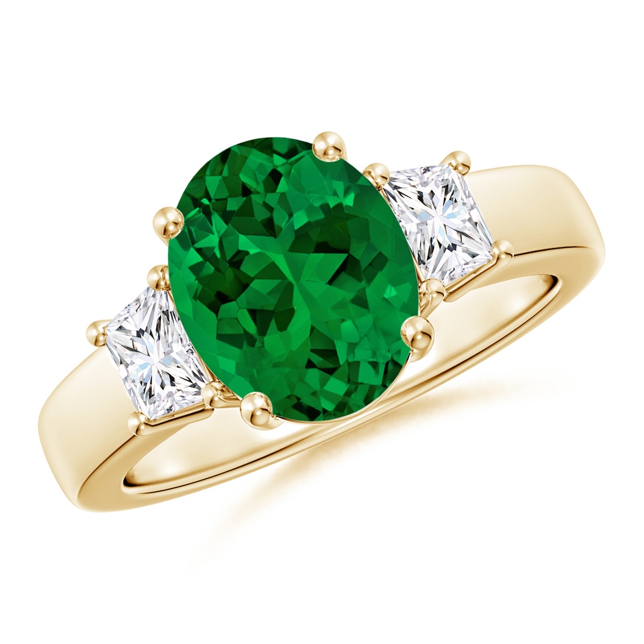 10x8mm Labgrown Classic Oval Lab-Grown Emerald and Trapezoid Diamond Three Stone Engagement Ring in Yellow Gold 