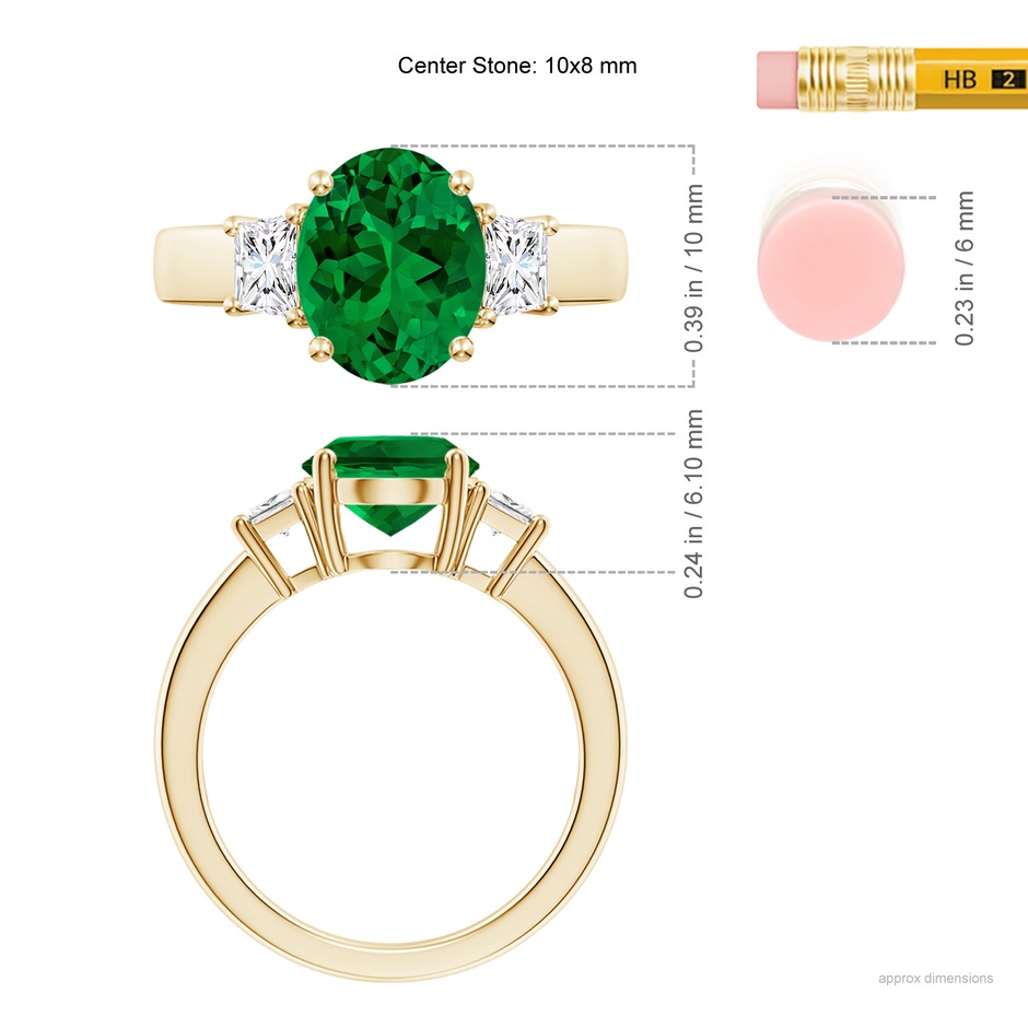 10x8mm Labgrown Classic Oval Lab-Grown Emerald and Trapezoid Diamond Three Stone Engagement Ring in Yellow Gold ruler