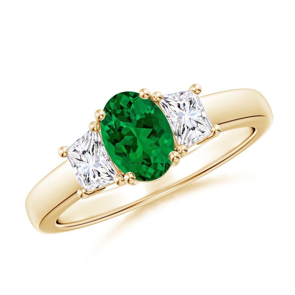 7x5mm Labgrown Classic Oval Lab-Grown Emerald and Trapezoid Diamond Three Stone Engagement Ring in 18K Yellow Gold