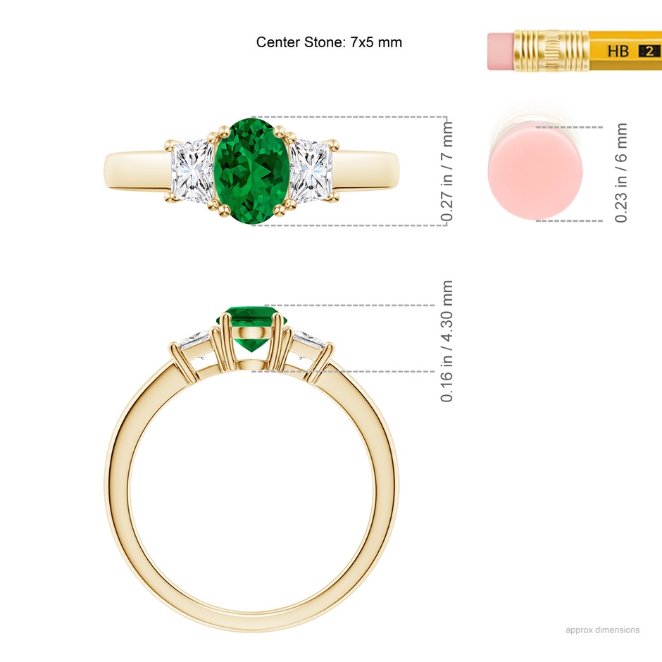 7x5mm Labgrown Classic Oval Lab-Grown Emerald and Trapezoid Diamond Three Stone Engagement Ring in 18K Yellow Gold ruler