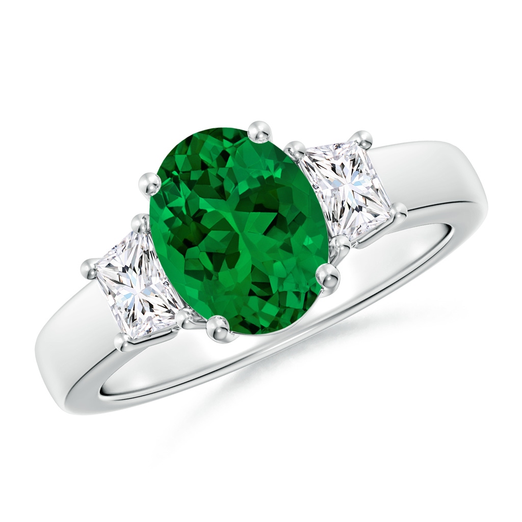 9x7mm Labgrown Classic Oval Lab-Grown Emerald and Trapezoid Diamond Three Stone Engagement Ring in White Gold