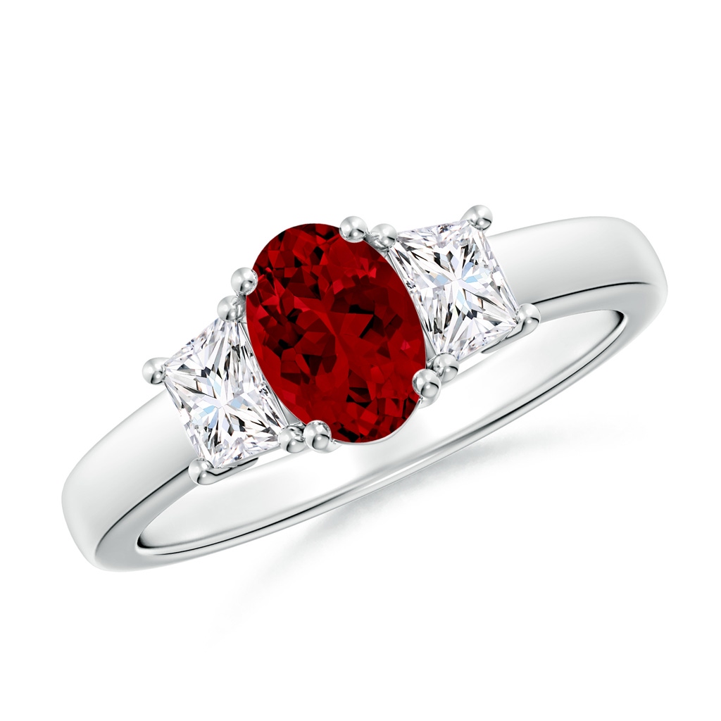 7x5mm Labgrown Classic Oval Lab-Grown Ruby and Trapezoid Diamond Three Stone Engagement Ring in White Gold