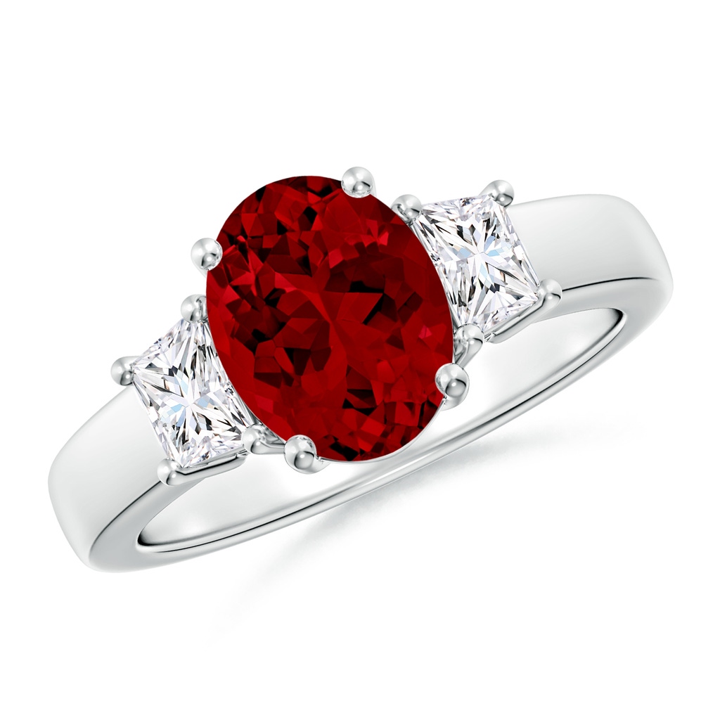 9x7mm Labgrown Classic Oval Lab-Grown Ruby and Trapezoid Diamond Three Stone Engagement Ring in White Gold