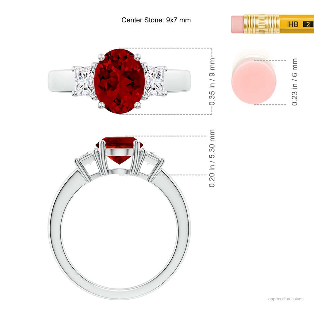 9x7mm Labgrown Classic Oval Lab-Grown Ruby and Trapezoid Diamond Three Stone Engagement Ring in White Gold ruler