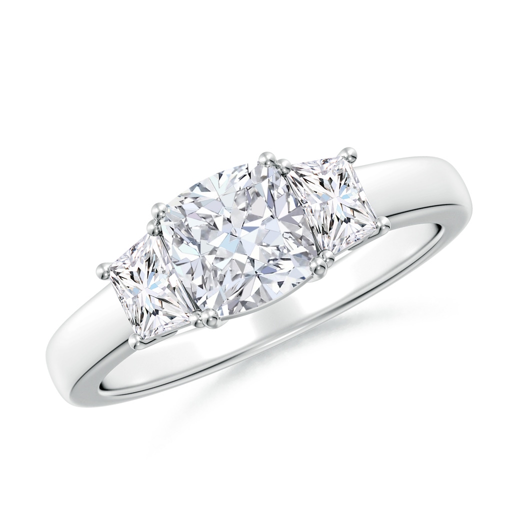 6mm FGVS Classic Cushion and Trapezoid Lab-Grown Diamond Three Stone Engagement Ring in White Gold