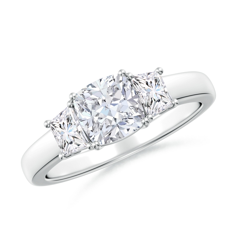 6mm FGVS Classic Cushion and Trapezoid Lab-Grown Diamond Three Stone Engagement Ring in White Gold 