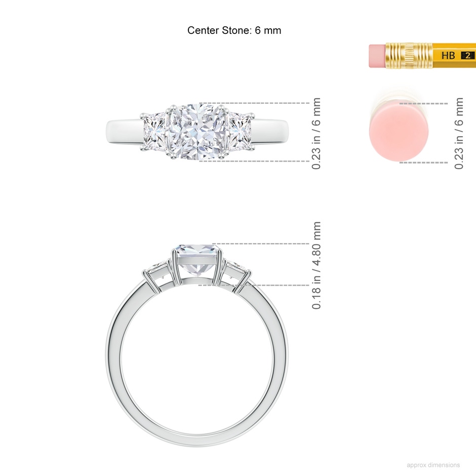 6mm FGVS Classic Cushion and Trapezoid Lab-Grown Diamond Three Stone Engagement Ring in White Gold ruler