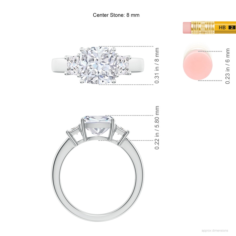 8mm FGVS Classic Cushion and Trapezoid Lab-Grown Diamond Three Stone Engagement Ring in White Gold ruler