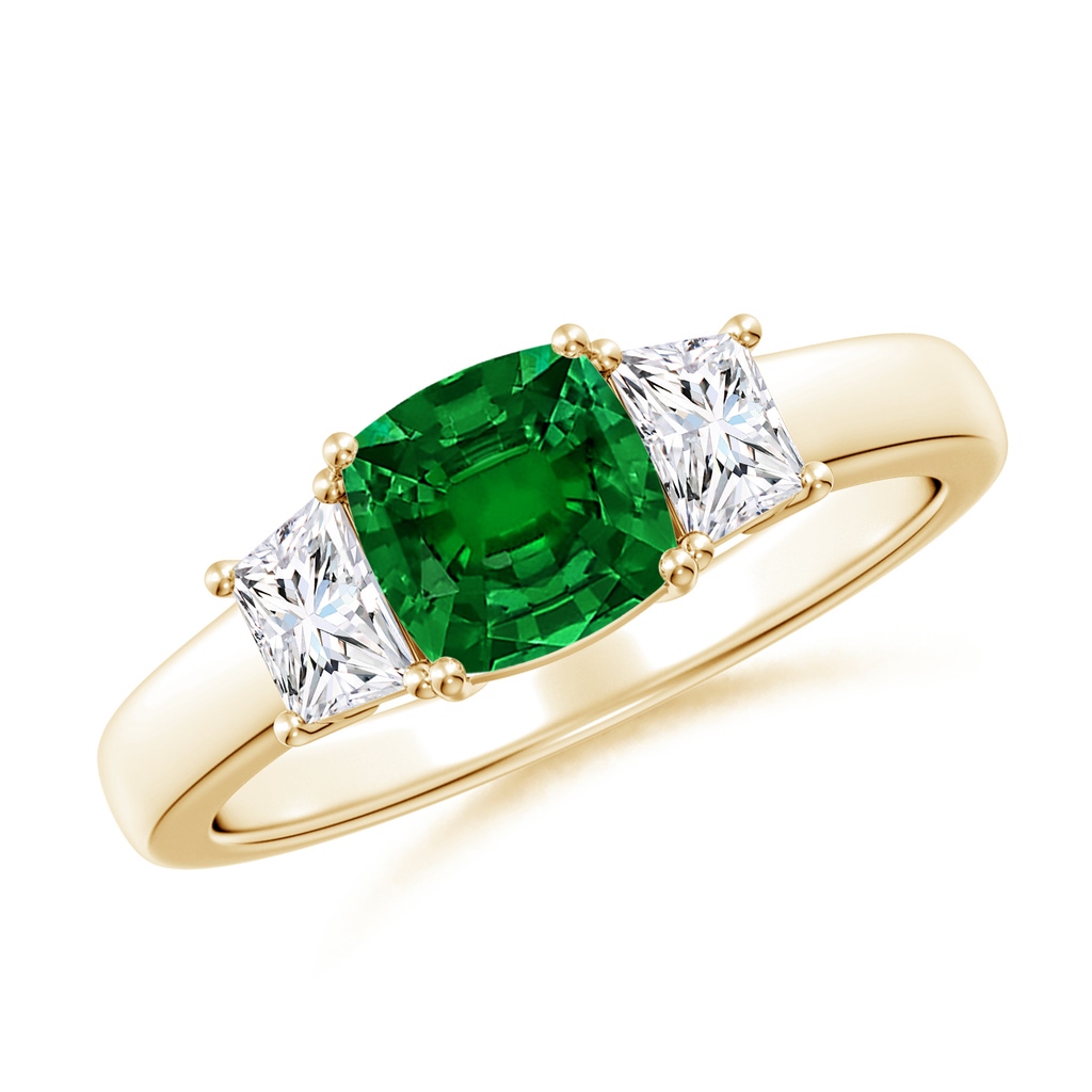 6mm Labgrown Classic Cushion Lab-Grown Emerald and Trapezoid Diamond Three Stone Engagement Ring in 18K Yellow Gold