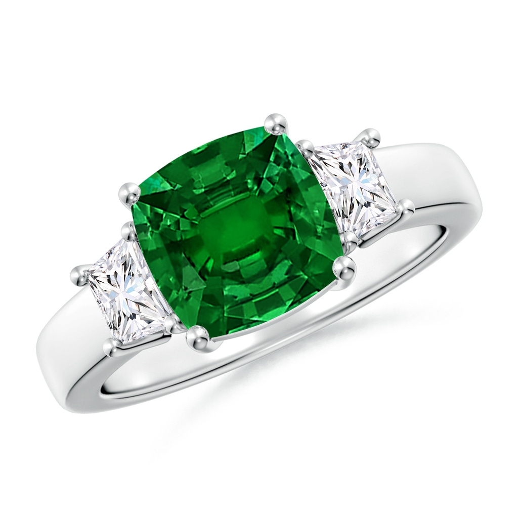 8mm Labgrown Classic Cushion Lab-Grown Emerald and Trapezoid Diamond Three Stone Engagement Ring in White Gold