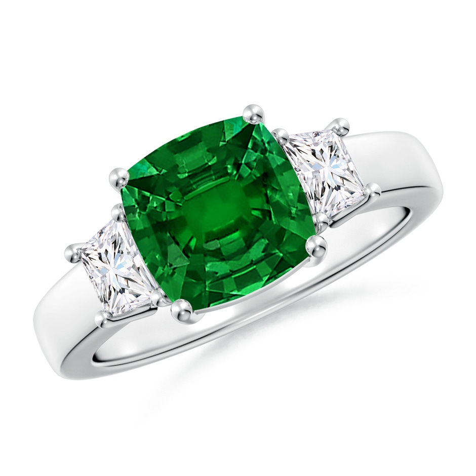 8mm Labgrown Classic Cushion Lab-Grown Emerald and Trapezoid Diamond Three Stone Engagement Ring in White Gold 