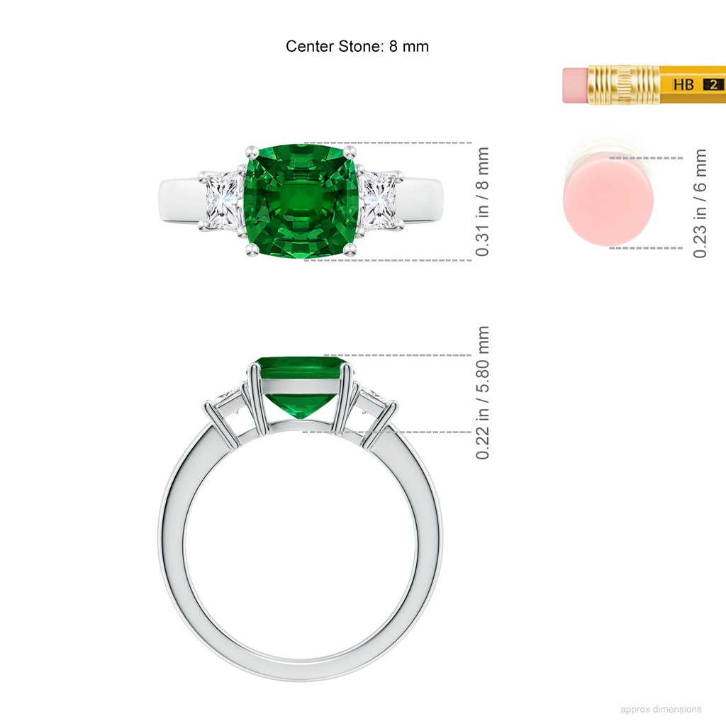 8mm Labgrown Classic Cushion Lab-Grown Emerald and Trapezoid Diamond Three Stone Engagement Ring in White Gold ruler