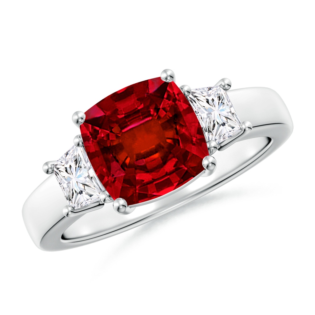 8mm Labgrown Classic Cushion Lab-Grown Ruby and Trapezoid Diamond Three Stone Engagement Ring in White Gold