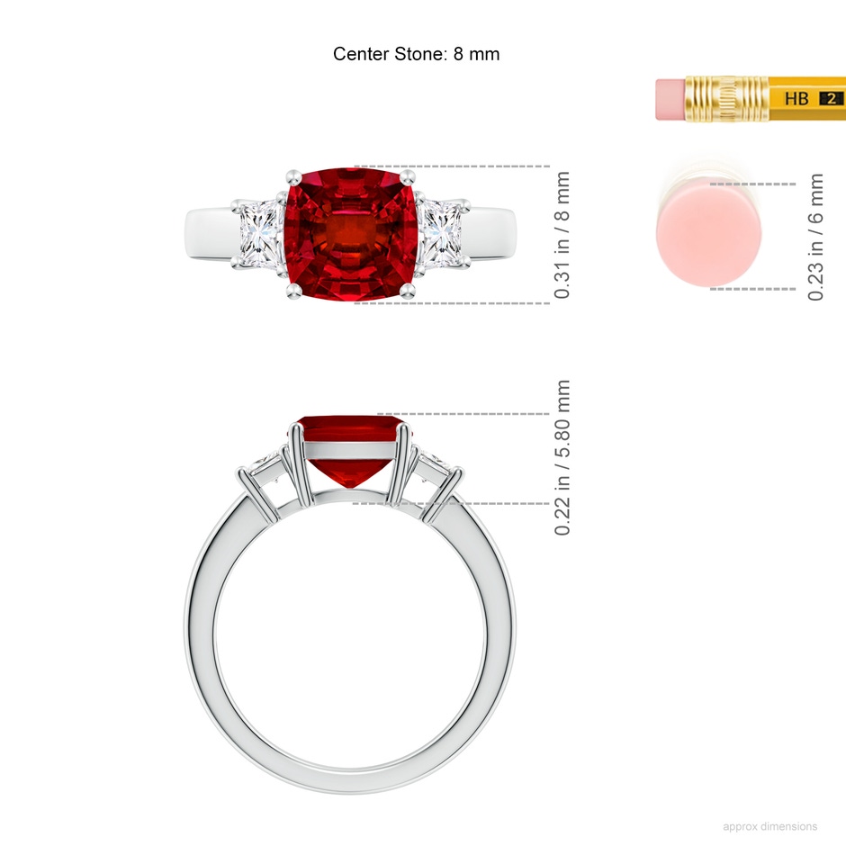 8mm Labgrown Classic Cushion Lab-Grown Ruby and Trapezoid Diamond Three Stone Engagement Ring in White Gold ruler