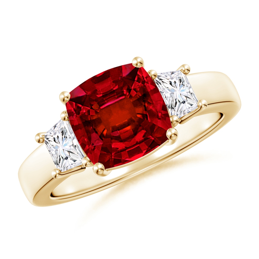 8mm Labgrown Classic Cushion Lab-Grown Ruby and Trapezoid Diamond Three Stone Engagement Ring in Yellow Gold