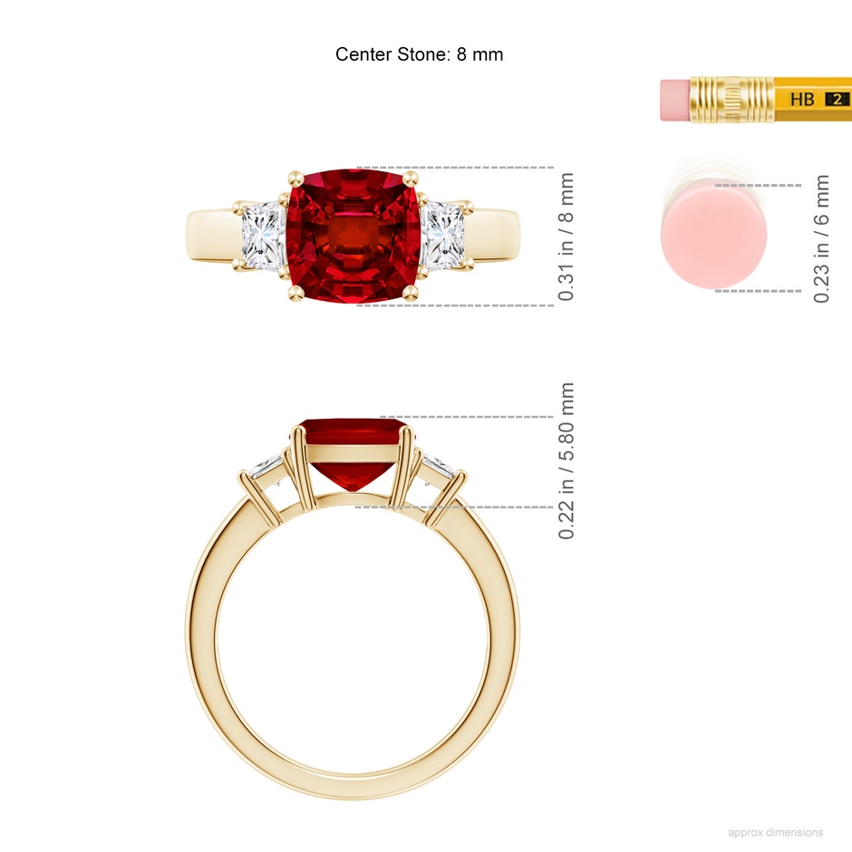 8mm Labgrown Classic Cushion Lab-Grown Ruby and Trapezoid Diamond Three Stone Engagement Ring in Yellow Gold ruler