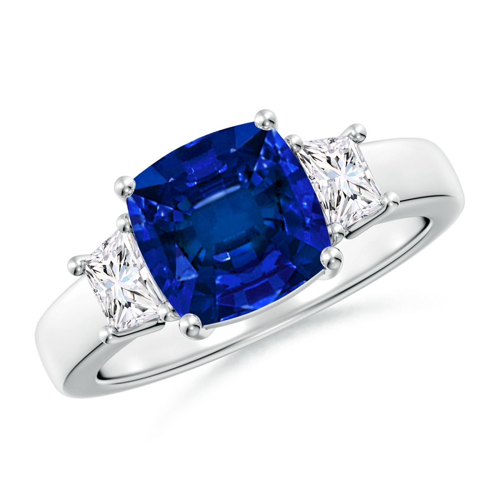 8mm Labgrown Classic Cushion Lab-Grown Blue Sapphire and Trapezoid Diamond Three Stone Engagement Ring in White Gold