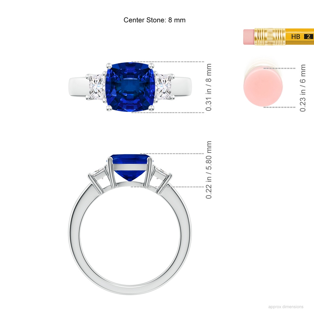 8mm Labgrown Classic Cushion Lab-Grown Blue Sapphire and Trapezoid Diamond Three Stone Engagement Ring in White Gold ruler