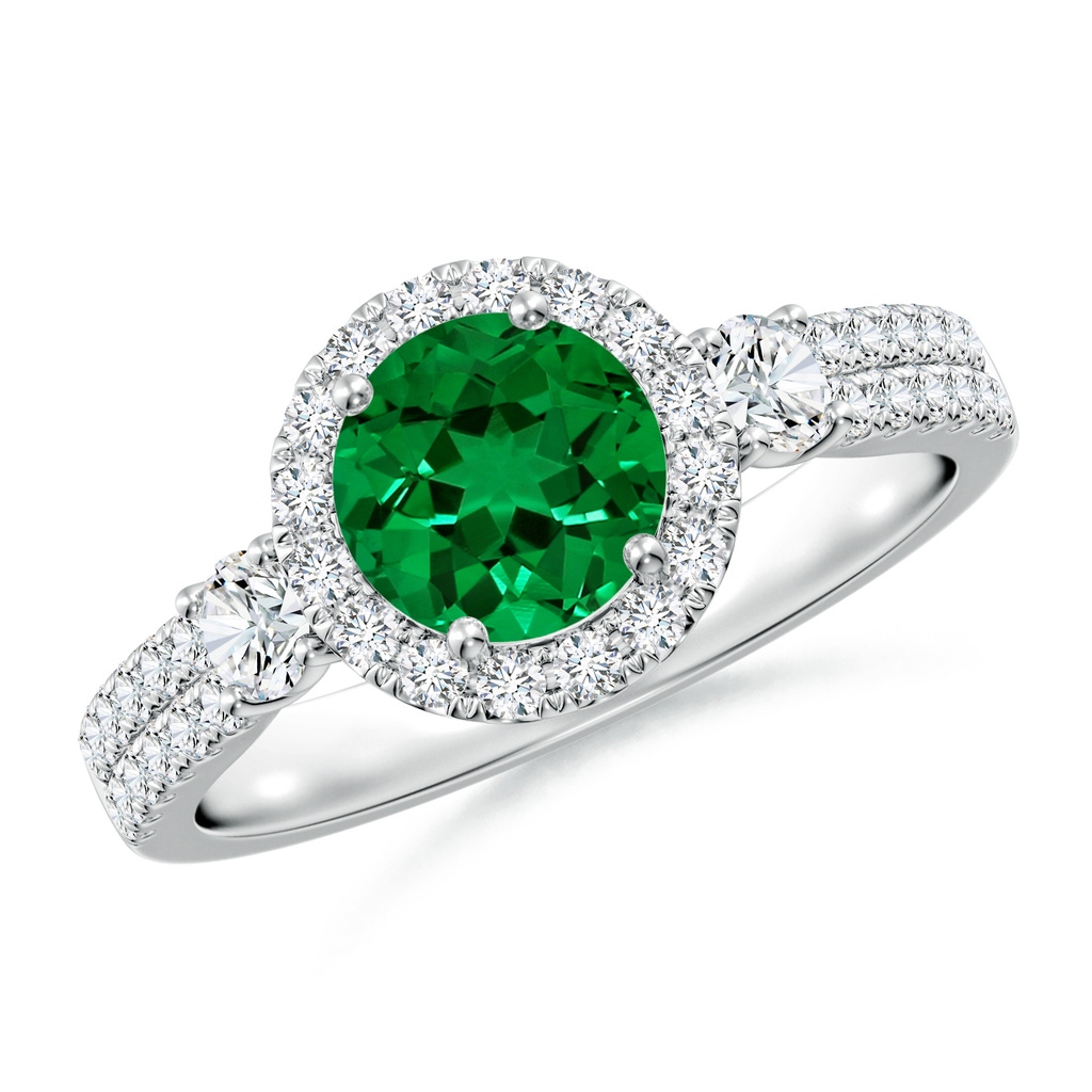 6.5mm Labgrown Round Lab-Grown Emerald Halo Double Shank Engagement Ring in White Gold