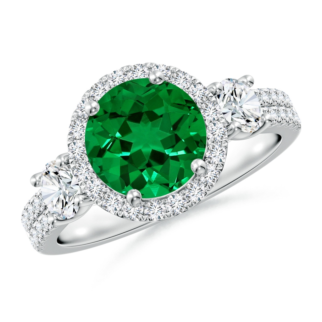 8mm Labgrown Round Lab-Grown Emerald Halo Double Shank Engagement Ring in White Gold