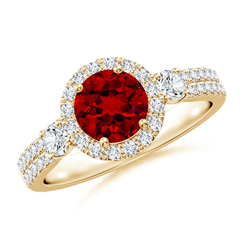 6.5mm Labgrown Round Lab-Grown Ruby Halo Double Shank Engagement Ring in Yellow Gold