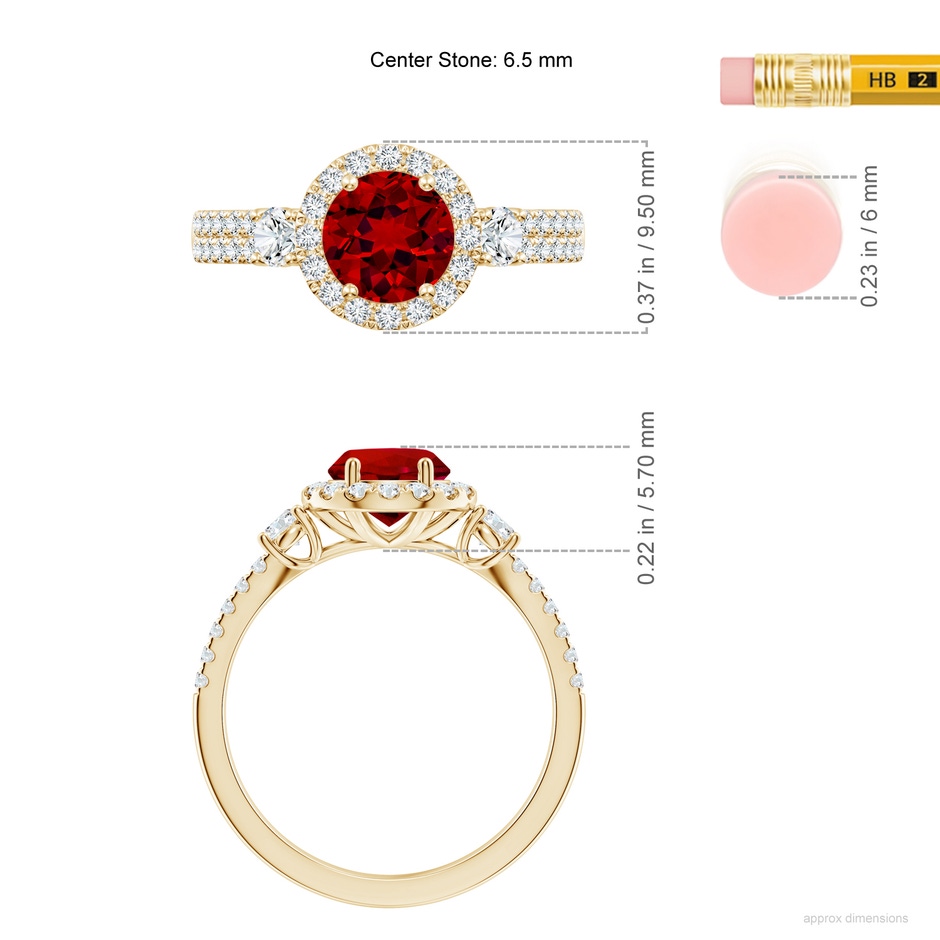 6.5mm Labgrown Round Lab-Grown Ruby Halo Double Shank Engagement Ring in Yellow Gold ruler