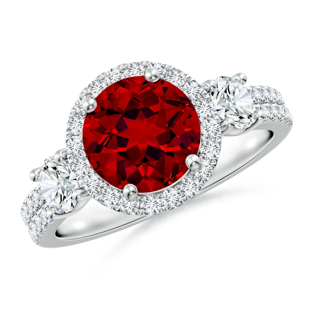 8mm Labgrown Round Lab-Grown Ruby Halo Double Shank Engagement Ring in White Gold