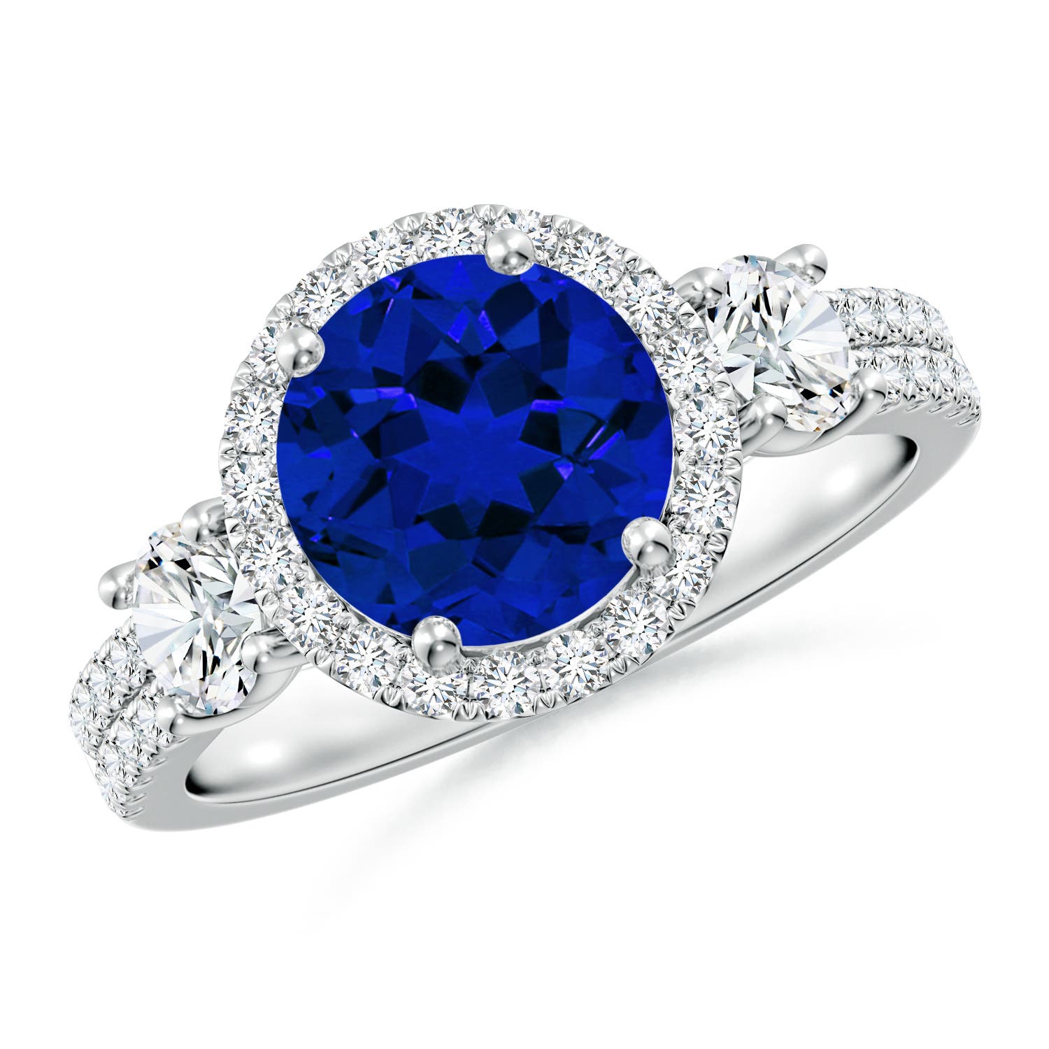 Round Lab-Grown Blue Sapphire Halo Double Shank Engagement Ring