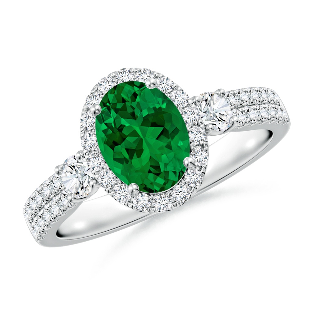 8x6mm Labgrown Oval Lab-Grown Emerald Halo Double Shank Engagement Ring in White Gold