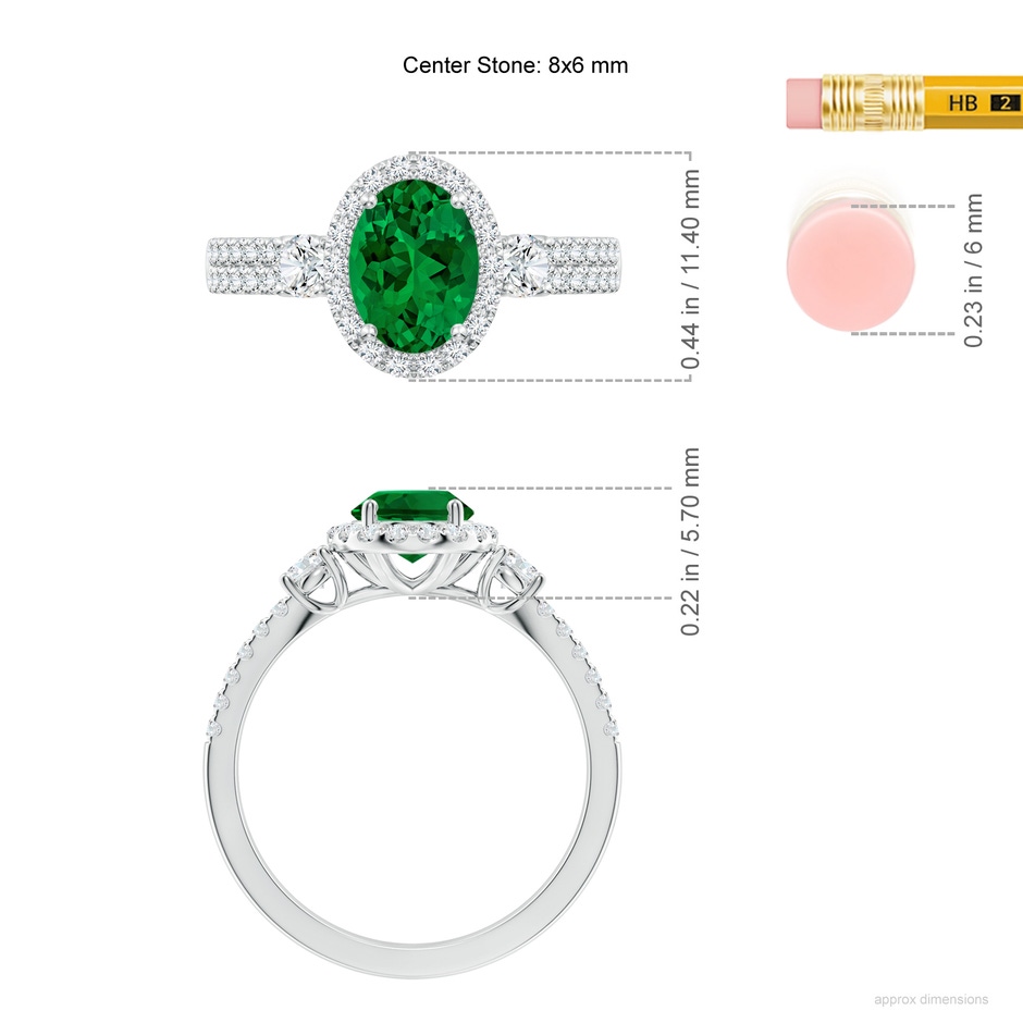 8x6mm Labgrown Oval Lab-Grown Emerald Halo Double Shank Engagement Ring in White Gold ruler