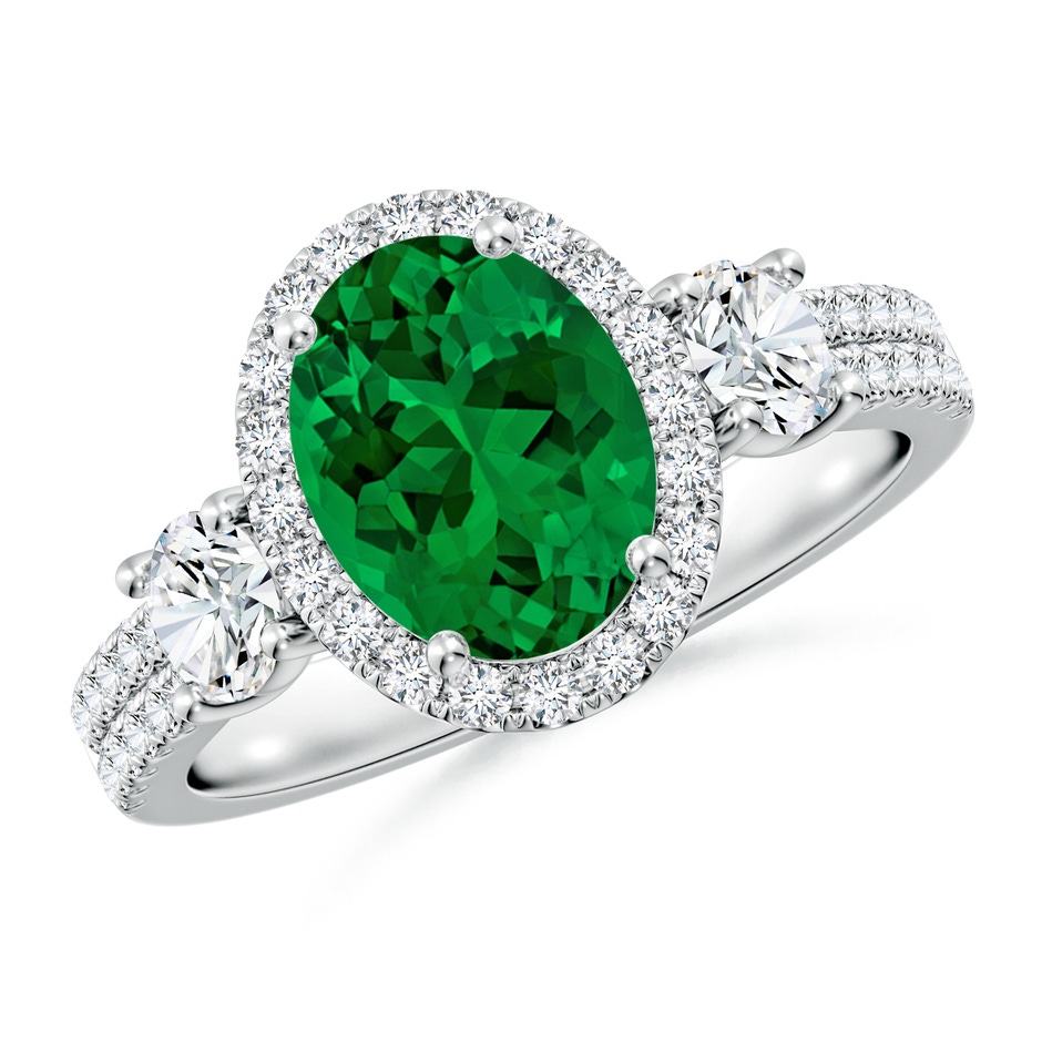 9x7mm Labgrown Oval Lab-Grown Emerald Halo Double Shank Engagement Ring in White Gold 