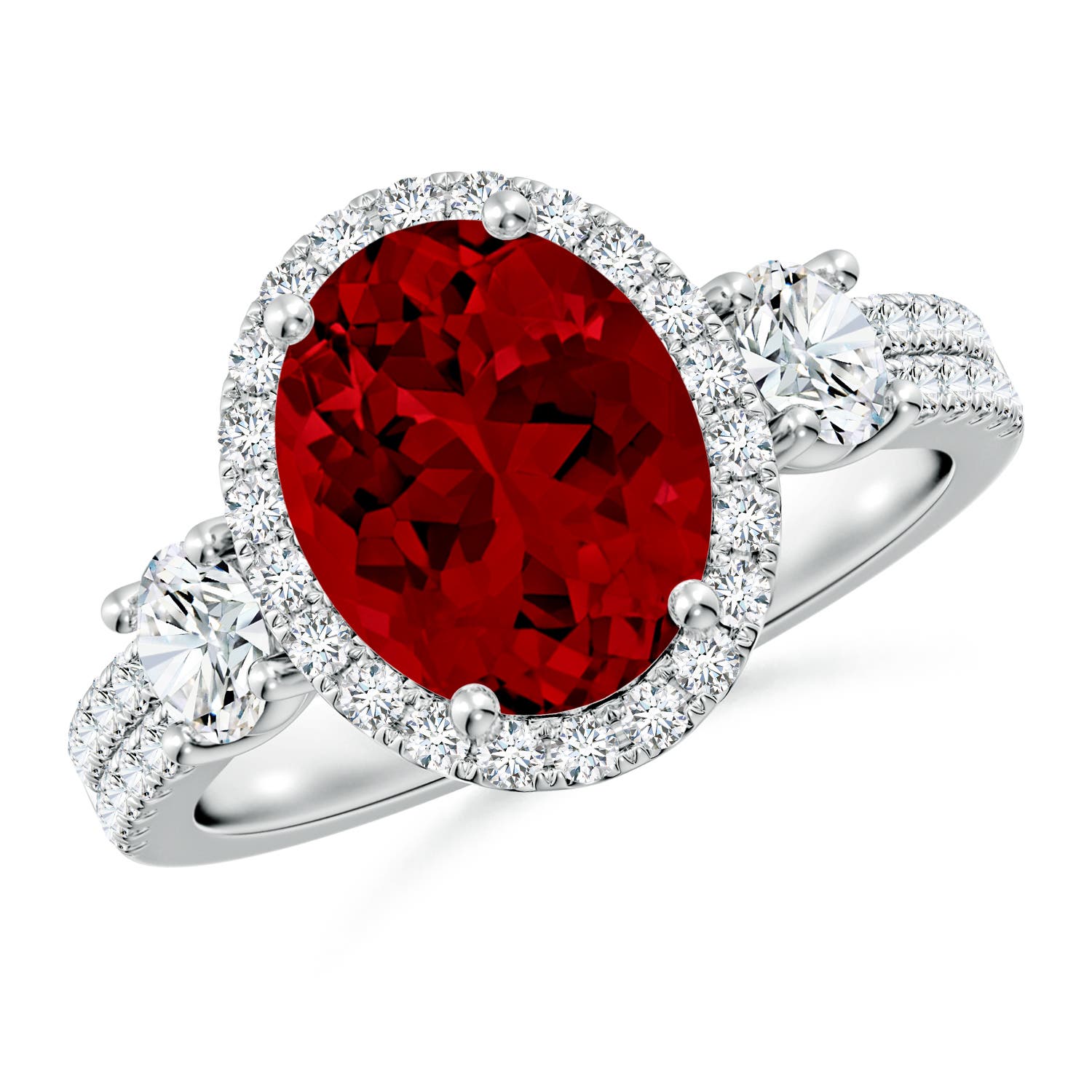 10x8mm Labgrown Oval Lab-Grown Ruby Halo Double Shank Engagement Ring in 18K White Gold
