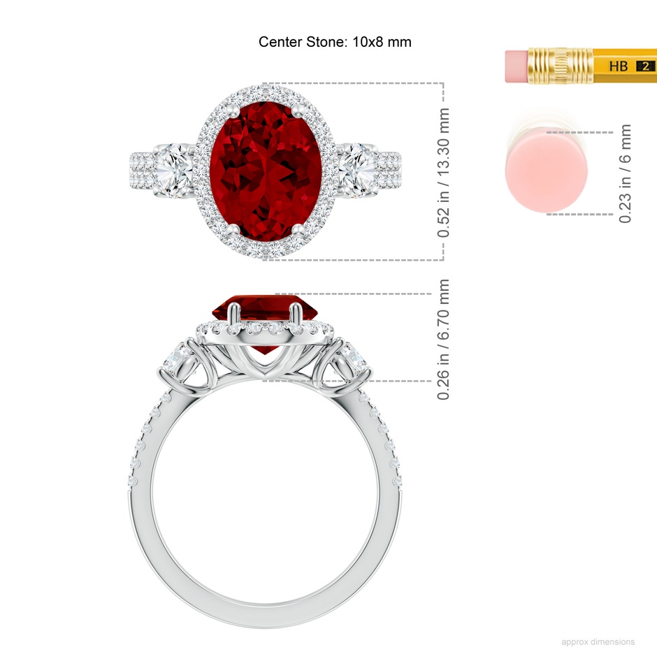 10x8mm Labgrown Oval Lab-Grown Ruby Halo Double Shank Engagement Ring in 18K White Gold ruler