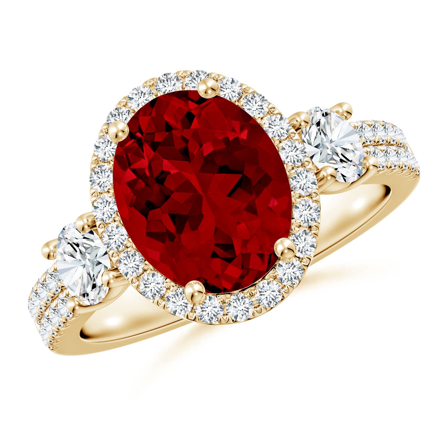 Oval Lab Ruby Prong-Set Oval Lab-Grown Ruby Halo Engagement Ring with Diamond Accents