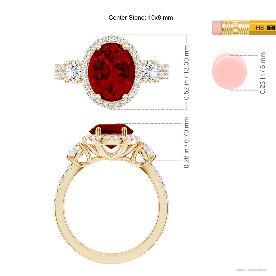 10x8mm Labgrown Oval Lab-Grown Ruby Halo Double Shank Engagement Ring in 18K Yellow Gold ruler