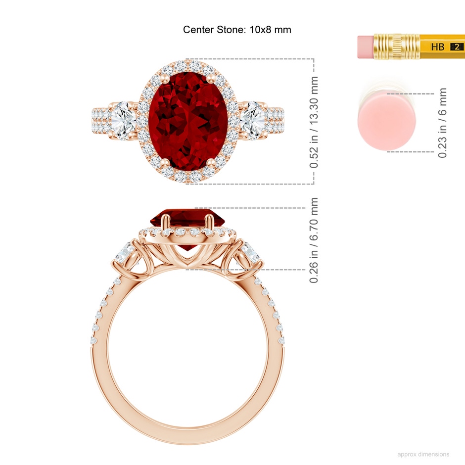 10x8mm Labgrown Oval Lab-Grown Ruby Halo Double Shank Engagement Ring in Rose Gold ruler