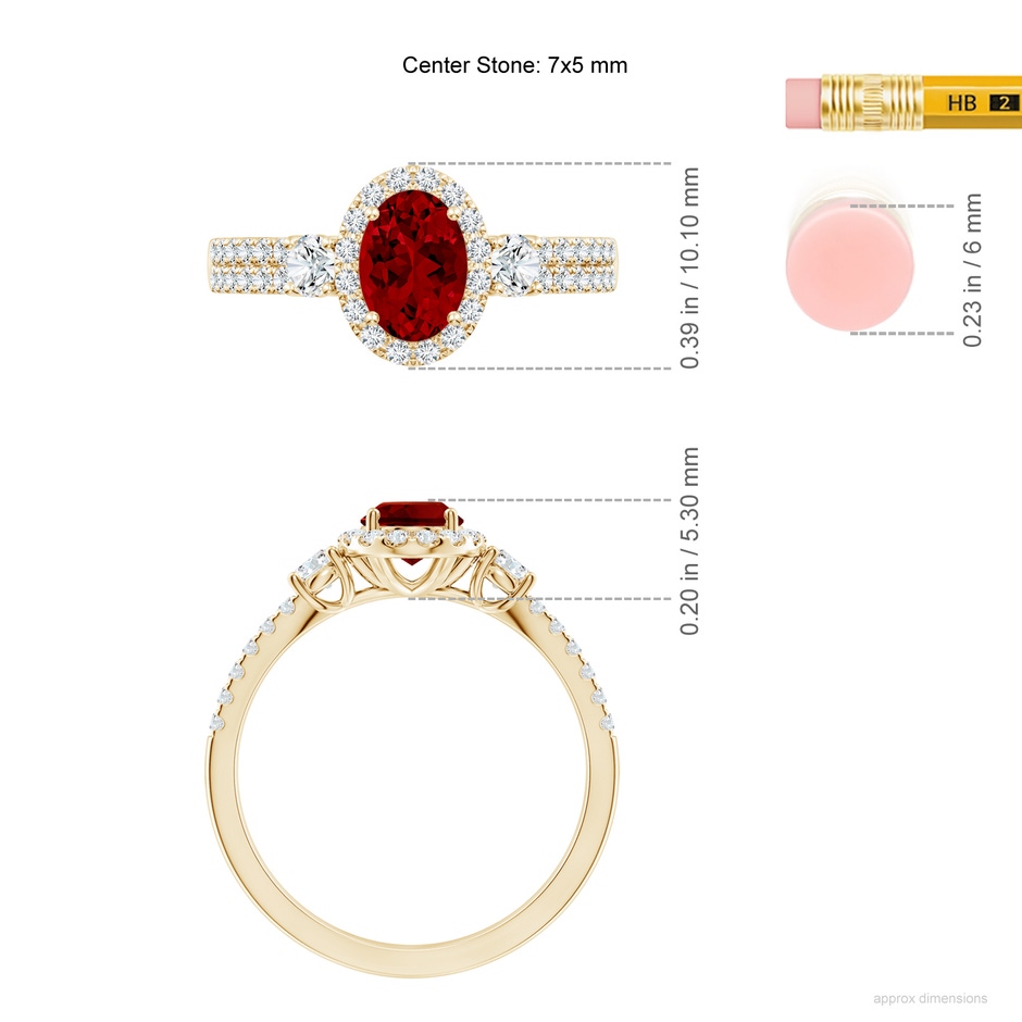 7x5mm Labgrown Oval Lab-Grown Ruby Halo Double Shank Engagement Ring in Yellow Gold ruler
