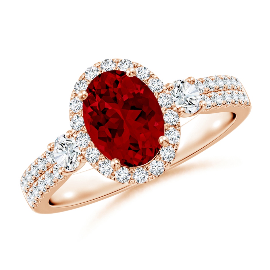 8x6mm Labgrown Oval Lab-Grown Ruby Halo Double Shank Engagement Ring in Rose Gold 